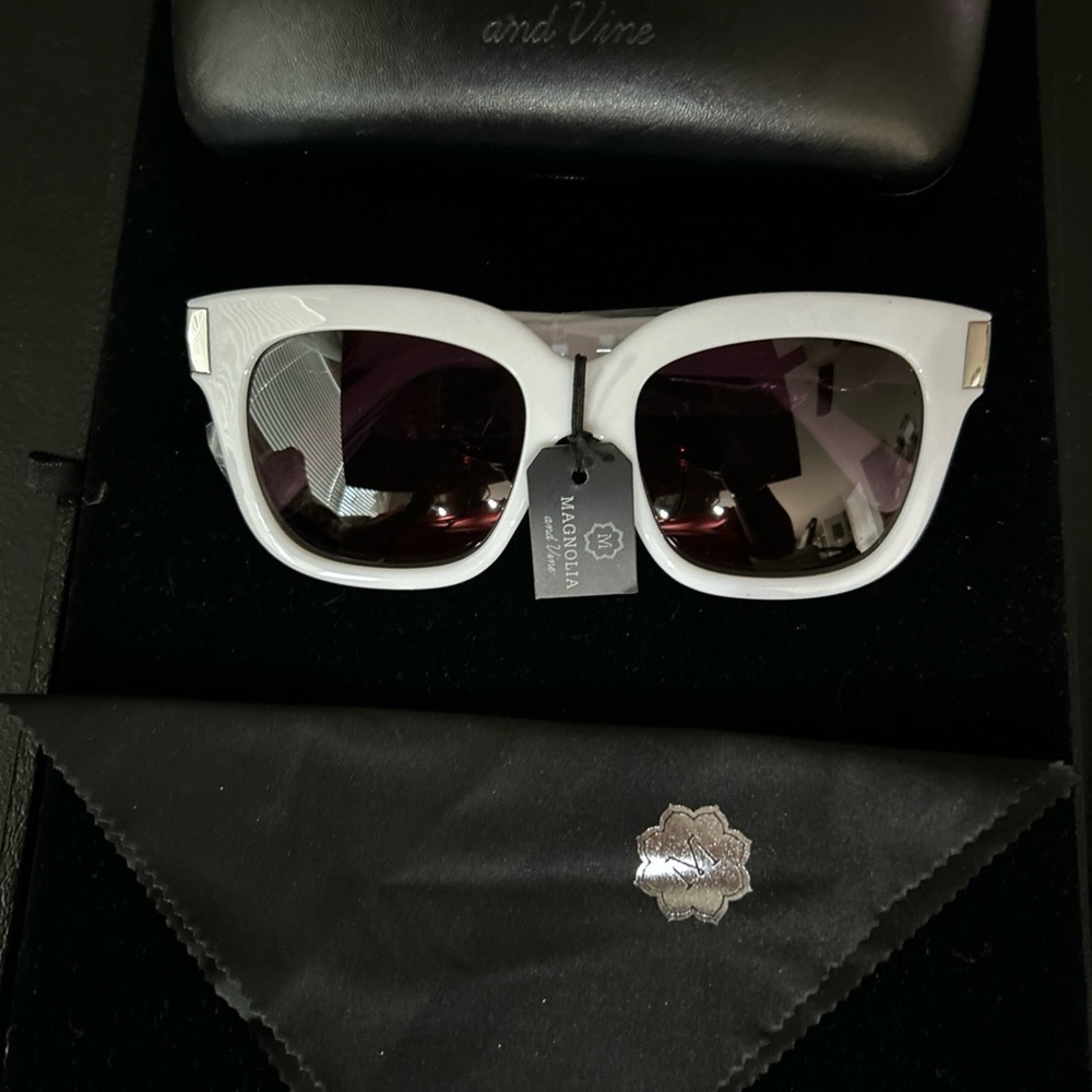 White Sunglasses with Black Lenses by Magnolia and Vine with case no snaps